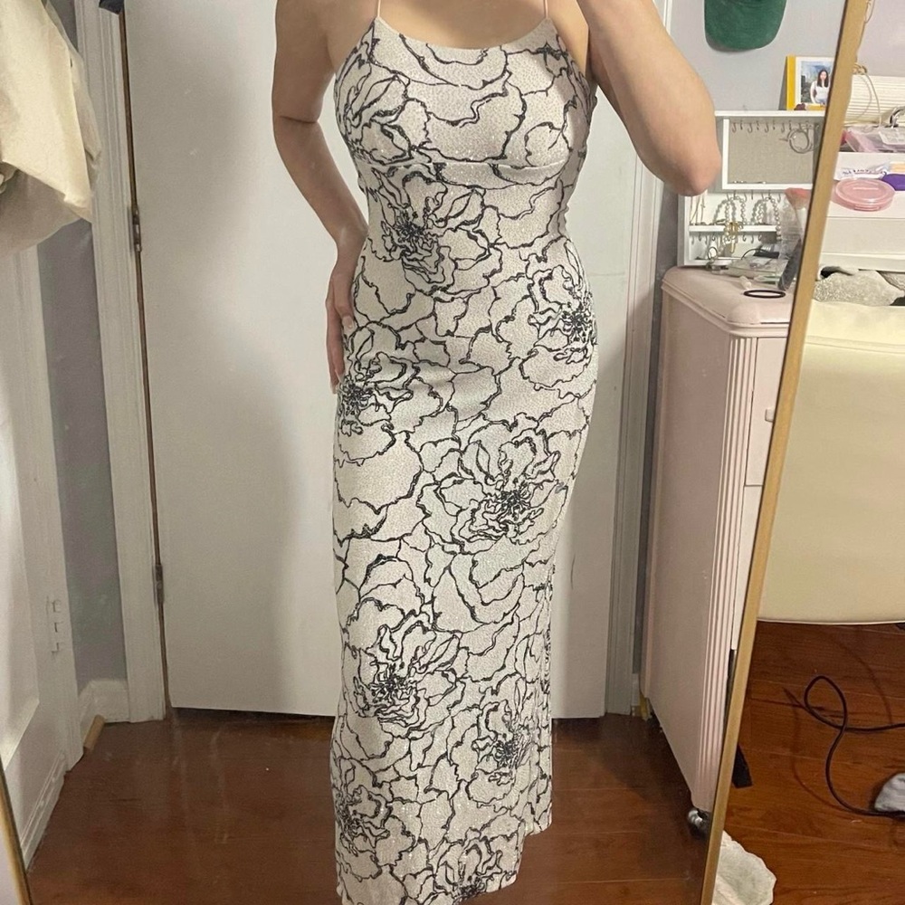 Black and White Floral Sequin Maxi Dress